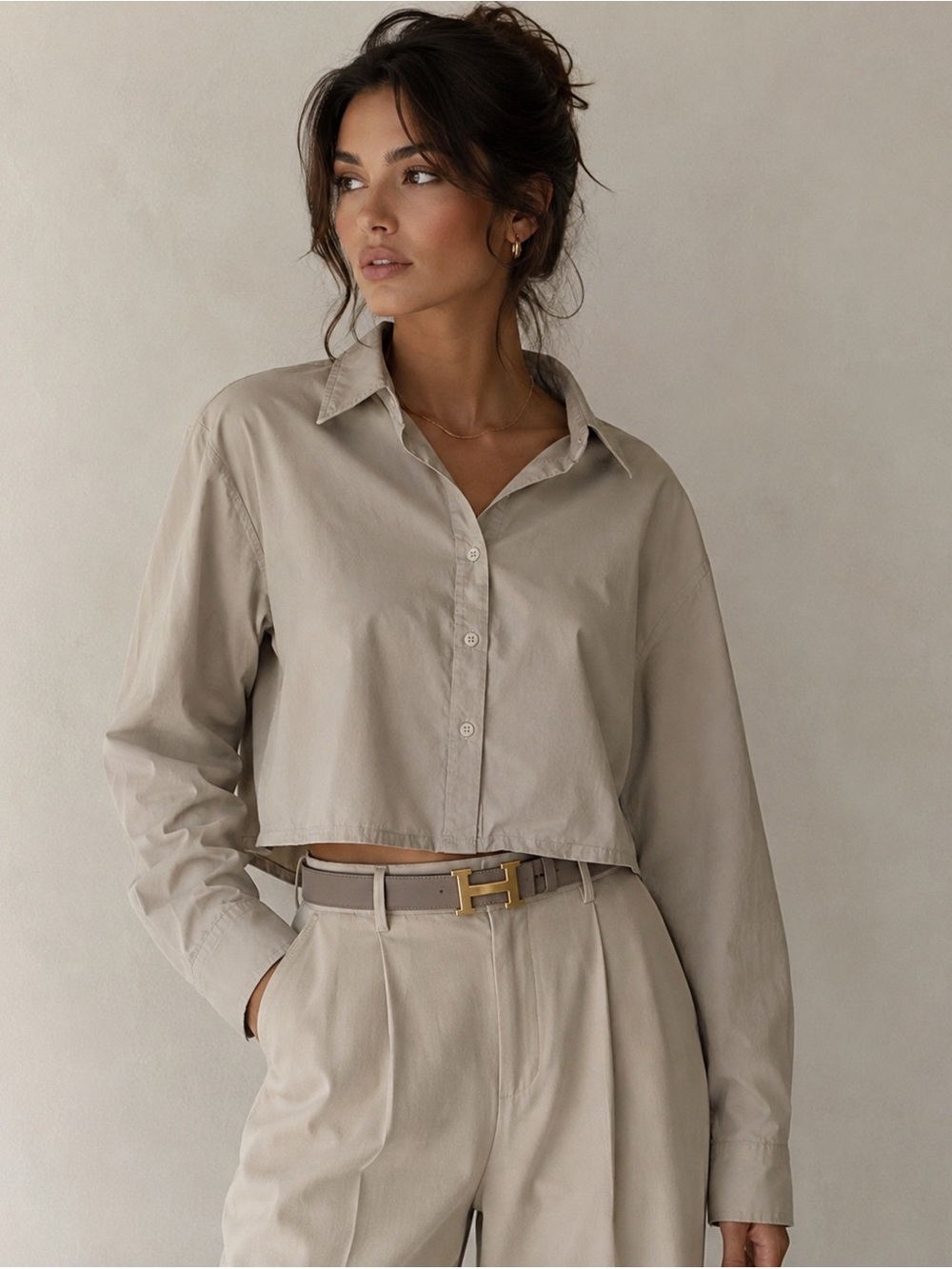 Dynamite Cropped Button-Down Shirt in Beige
